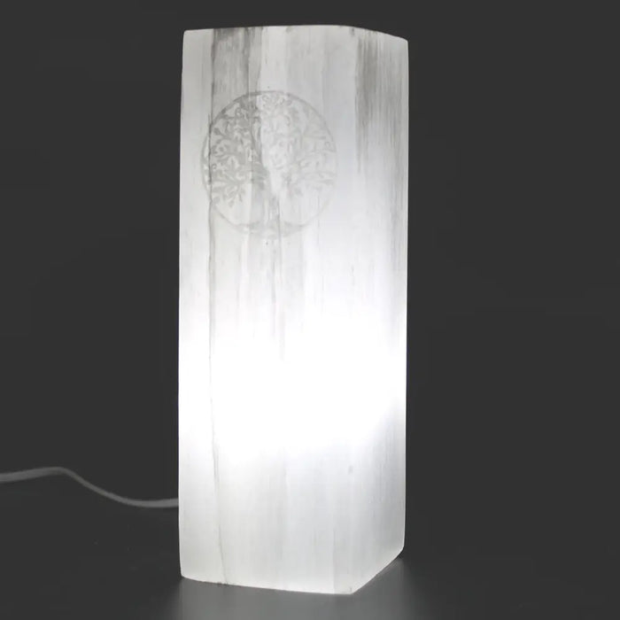 Natural selenite block lamp with a translucent white carved tree of life design on a rectangular surface