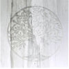 Natural selenite block lamp with a silver-toned circular tree of life design engraved on its surface