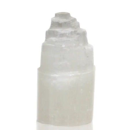 Natural selenite tower lamp 15cm with pale gray translucent crystal and smooth polished sides in a stepped pyramid shape