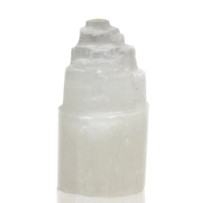 Natural selenite tower lamp 15cm with pale gray translucent crystal and smooth polished sides in a stepped pyramid shape