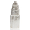 Natural selenite tower lamp with a pale gray translucent stepped pyramid top and smooth cylindrical base in selenite tower design