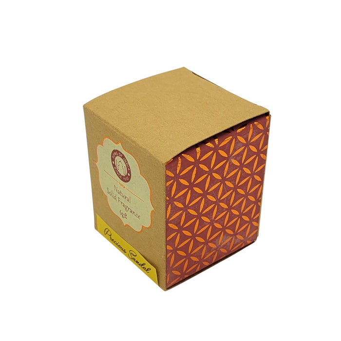 The Window, Milford Haven Song of India Precious Sandal solid perfume in an eco-friendly patterned cardboard box.