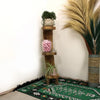 Rustic natural teak log display unit with three wooden shelves holding a potted plant and jar of pink candies