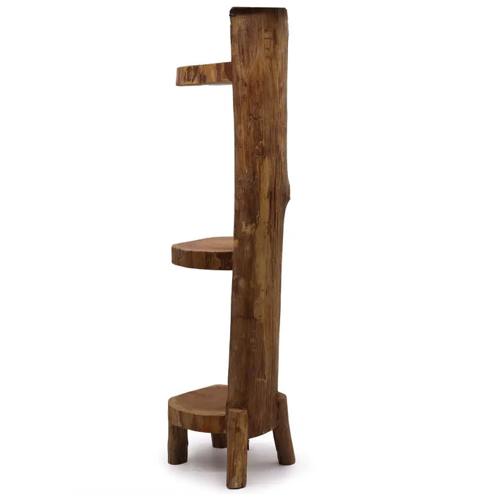 Rustic wooden three-tier display unit with natural teak grain and raw unfinished edges in a simple setting