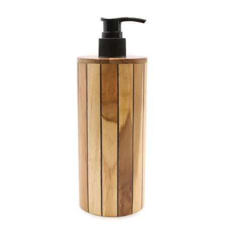 Wooden teakwood soap dispenser with vertical slats and black pump top made from natural java teakwood, 250ml capacity