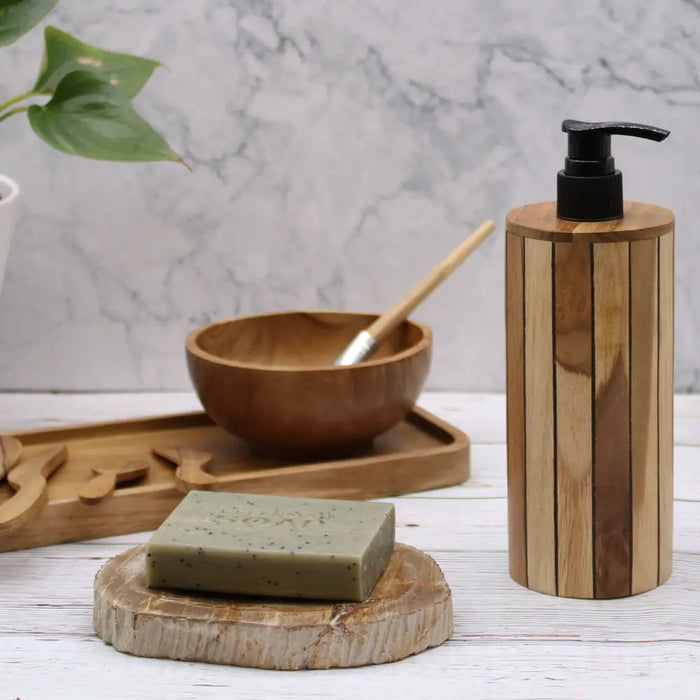 Natural teakwood soap dispenser with vertical slats and black pump made from java teak holds 250ml soap