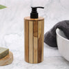 A cylindrical natural teakwood soap dispenser with vertical slats and a black pump top in light and medium wood tones