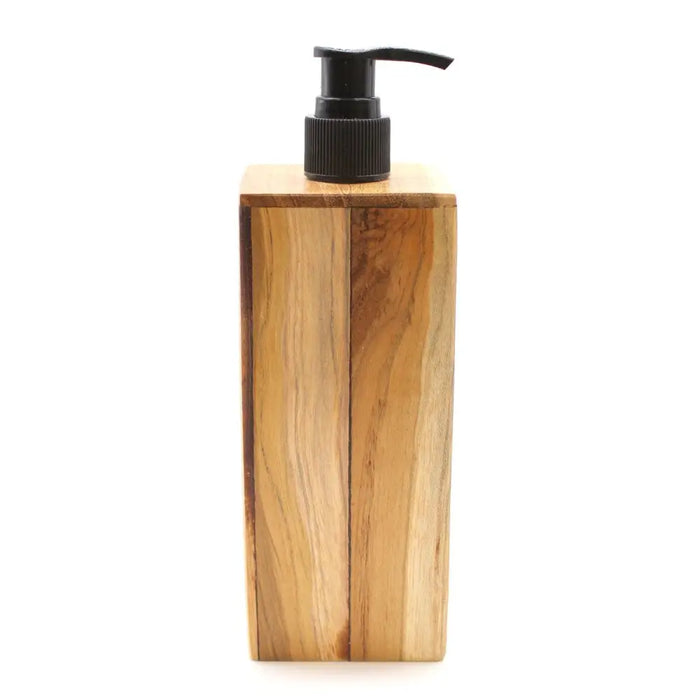 Rectangular natural teakwood soap dispenser with black pump top in java teak color holding 250ml of soap