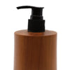 A tapered natural teakwood soap dispenser with a matte black pump top in java teak finish 200ml capacity