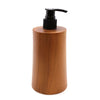 A sleek natural teakwood soap dispenser with a tapered shape and matte black pump in java teak finish