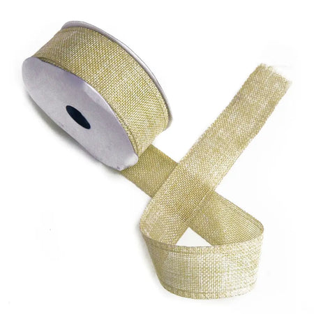 A shimmering gold natural texture ribbon with a woven fabric finish in sand color for crafting or decorating