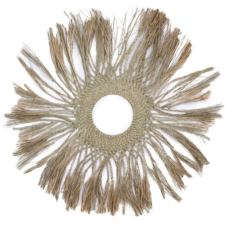 Natural fiber wall art with a woven circular base and grey fringes from abu-abu collection set of 6