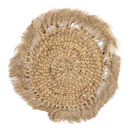 Natural beige woven placemat with fringed edge and braided pattern from kribo collection natural wall art set of 6