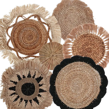 Natural wall art with handwoven natural fiber coasters in earthy tones featuring fringed edges and varied patterns