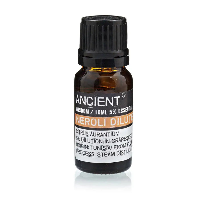 A small amber glass bottle with black cap containing neroli oil essential oil from bitter orange tree 10ml