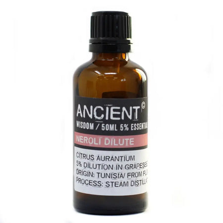 A 50ml amber glass bottle of neroli oil from citrus aurantium with allergen declarations and steam distillation details