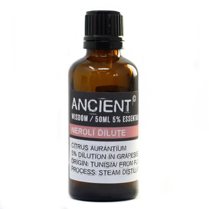 A 50ml amber glass bottle of neroli oil from citrus aurantium with allergen declarations and steam distillation details