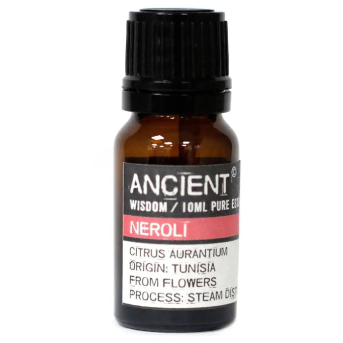 A small amber glass bottle of neroli pure essential oil with a black cap and a pink label from ancient wisdom