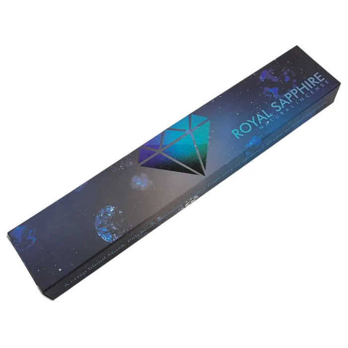 Royal sapphire natural incense sticks in a dark blue box with teal and purple diamond graphics from moon aromas