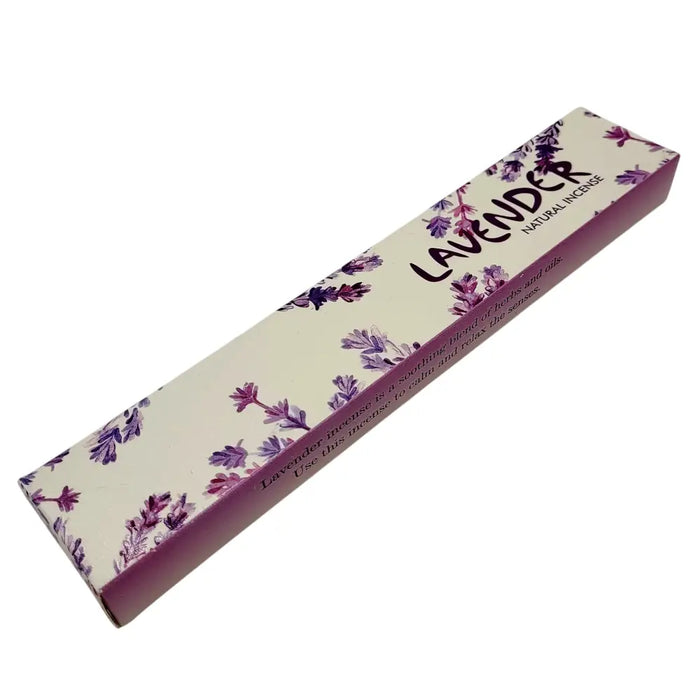 Lavender scented natural incense sticks in a cream box with purple florals from new moon aromas collection