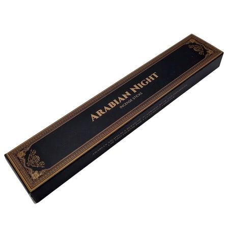 Black rectangular box of new moon aromas arabian night incense sticks with gold ornate border and divine soul design