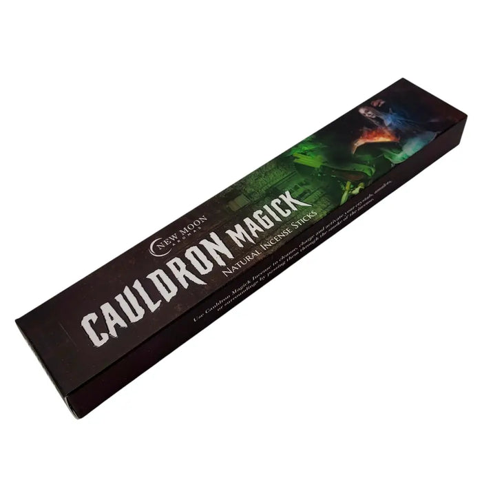Black rectangular box of new moon aromas natural incense sticks with dark green design and witch illustration moon aromas