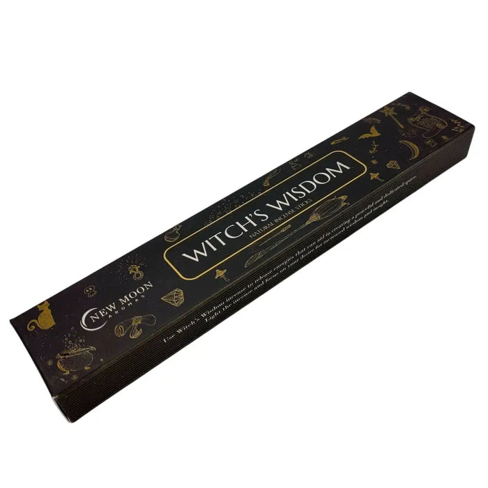 Black rectangular box of new moon aromas natural incense sticks with gold foil and witch’s wisdom text and mystical symbols