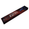 A rectangular box of new moon aromas natural incense sticks with a blue raven design in dark red and black, featuring moon aromas and black rose themes