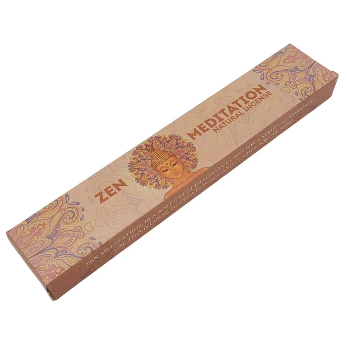 A beige rectangular box of new moon aromas natural incense sticks with a golden buddha and purple paisley patterns