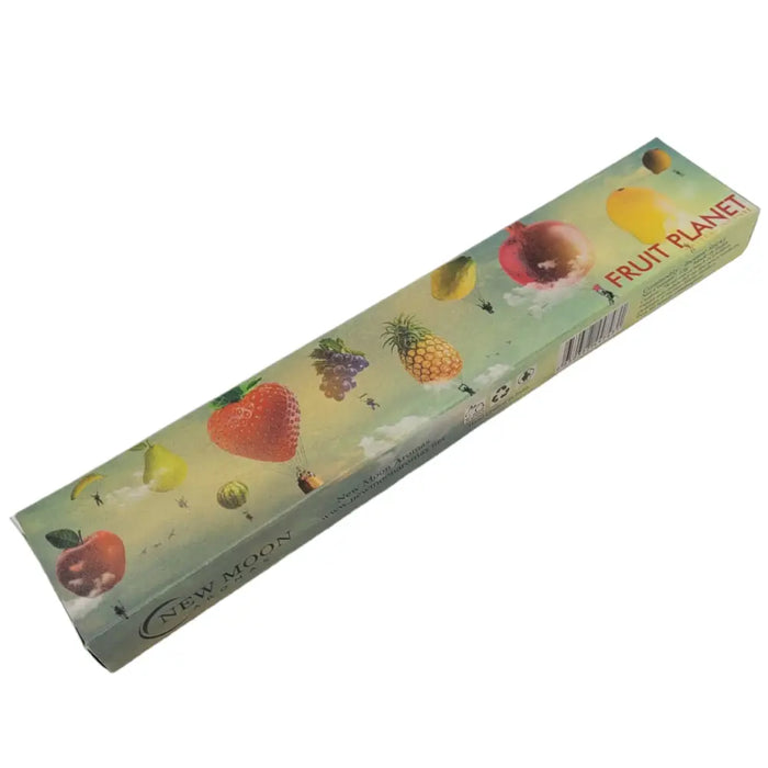 A rectangular cardboard box of new moon aromas natural incense sticks with colorful fruit planet design and black rose scent