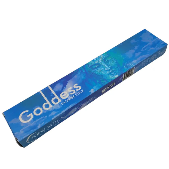 Blue rectangular box of goddess incense sticks by new moon with sky design and embossed patterns in moon aromas series