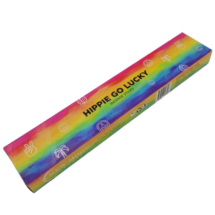 Rainbow rectangular box of new moon aromas natural incense sticks hippie go lucky with peace signs and palm trees