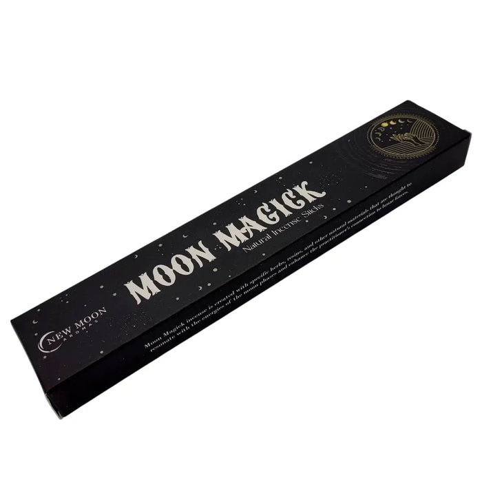 Black rectangular box of new moon aromas natural incense sticks moon magick design with silver and gold foil lettering