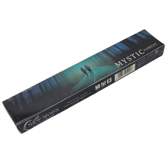 Black rectangular box of new moon aromas mystic forest incense sticks with glowing path and divine soul theme