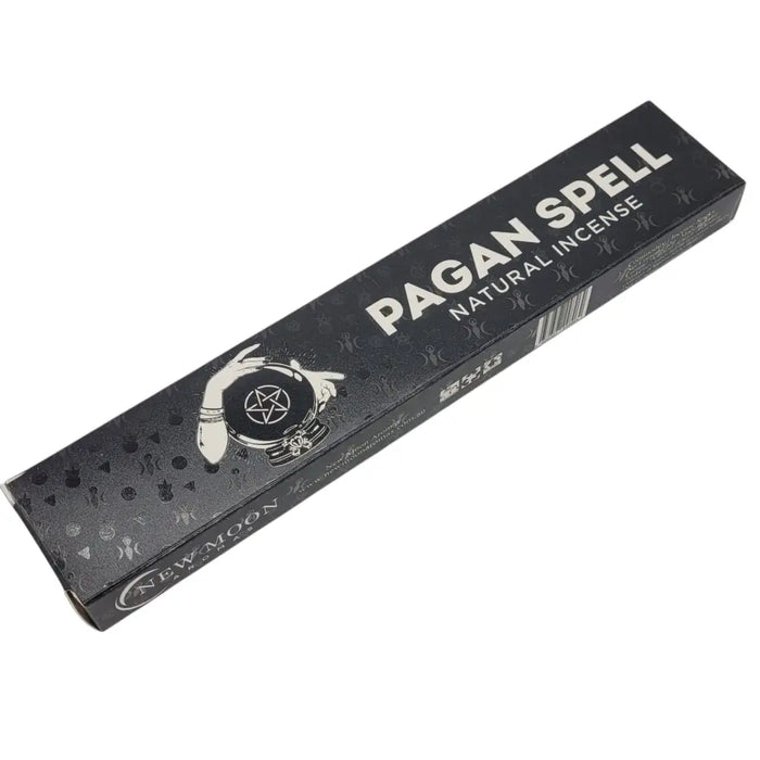 Black rectangular box of new moon aromas natural incense sticks with silver foil lettering and a mystical hand design