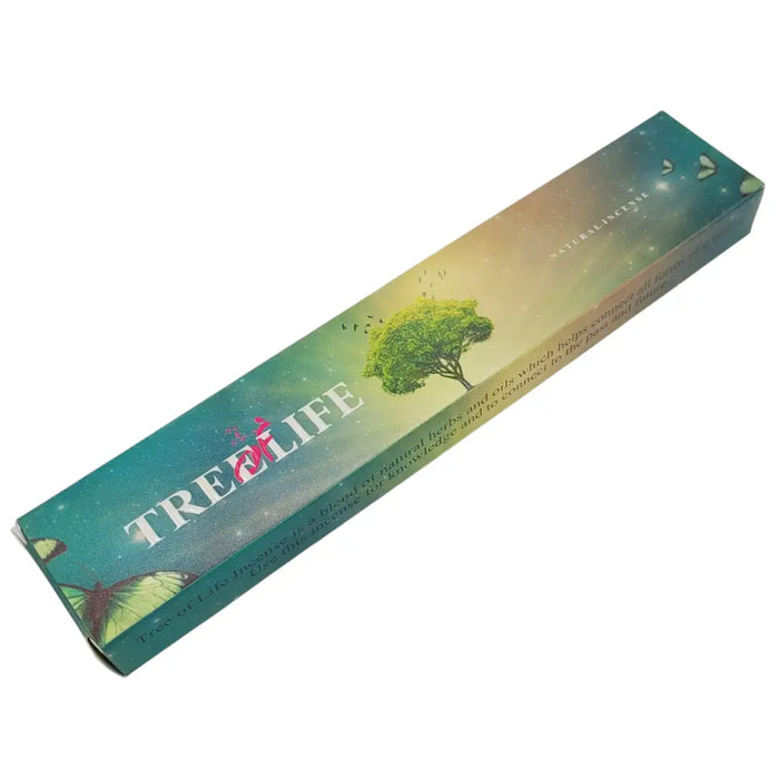 A rectangular box of tree of life natural incense sticks by new moon aromas with teal and gold hues and starry sky design