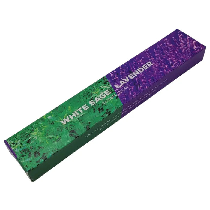 A rectangular box of new moon aromas white sage and lavender incense sticks with green and purple botanical design
