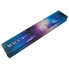 A rectangular box of new moon aromas natural incense sticks with a cosmic nebula design in blue purple and white