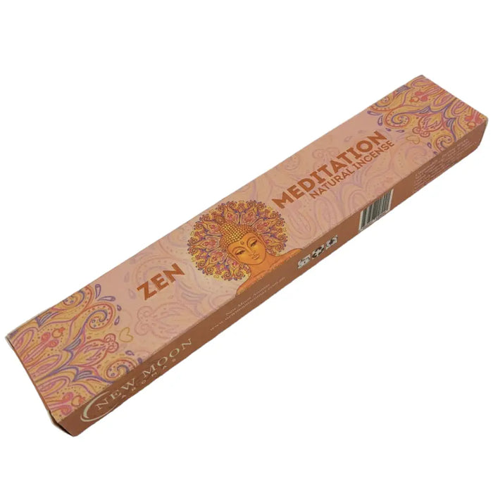 A rectangular box of new moon aromas natural incense sticks with beige and gold design and ornate buddha artwork