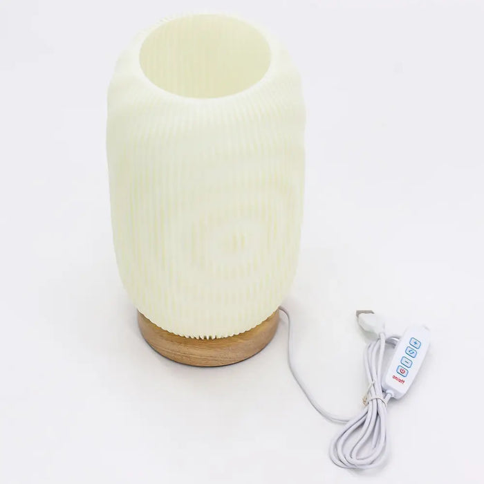 New Wave Lamp modern twisted cream-colored ribbed ceramic table lamp with wooden base and matching remote control