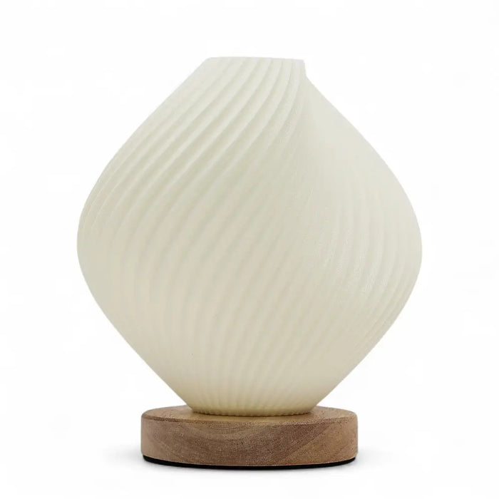 Cream-colored ribbed glass new wave lamp shell twisted with a wooden base for stylish home lighting