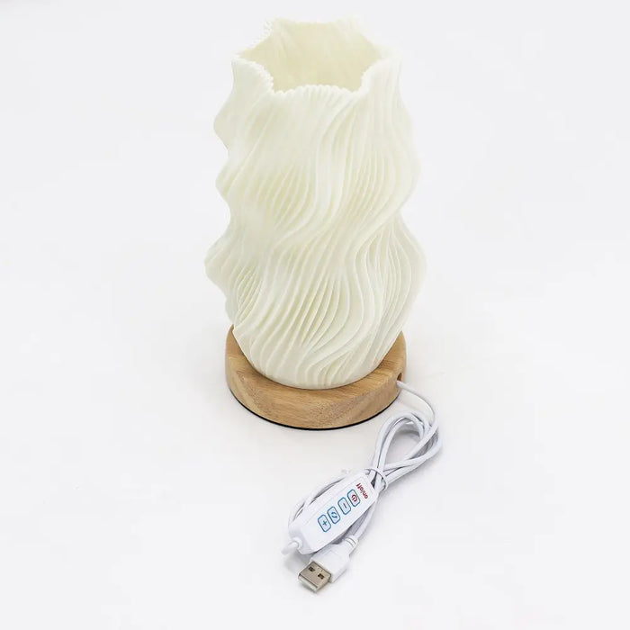 New wave lamp star twisted cream ceramic diffuser with wave pattern wooden base and usb charging cable