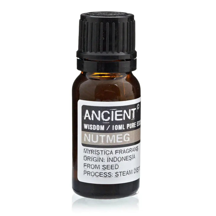 A small amber glass bottle of nutmeg essential oil with a black cap labeled ancient wisdom 10ml pure essential nutmeg