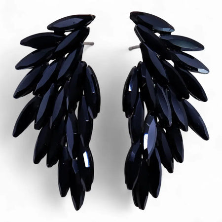 Black wing shaped earrings made of faceted glossy glass in jet black angel wings style from nymph aurora