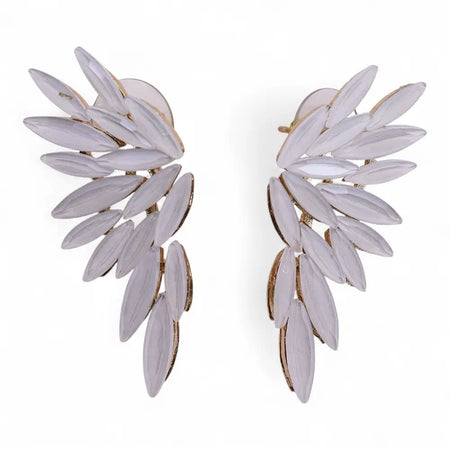 White wing-shaped stud earrings with translucent leaf-like facets and gold-tone stainless steel backing angel wings design