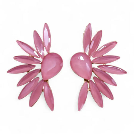 Pink glossy leaf-shaped glass stud earrings with central oval gem and soft pink angel wings design petals