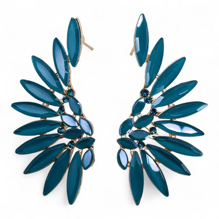Teal green angel wings stud earrings with glass leaf shapes gold tone metal and small blue gemstones