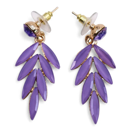 Purple leaf-shaped handcrafted glass earrings with gold metal accents and faceted crystal stones from nymph aurora collection