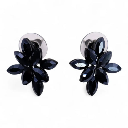 Nymph aurora glass jet black floral stud earrings with faceted gemstones and silver toned backings