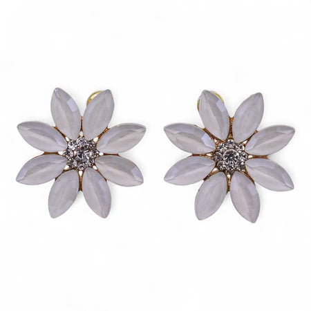 A pair of light gray flower-shaped stainless steel stud earrings with faceted petals and crystal centers from nymph aurora glass
